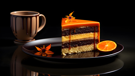 柔和色调的前卫陶瓷风格橘子蛋糕配巧克力摄影图片