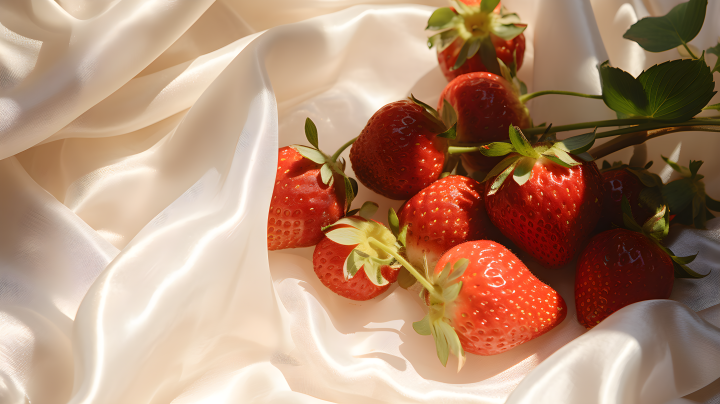 草莓覆盖白布摄影图版权图片下载