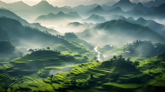 云雾中的中国山水与梯田摄影图片