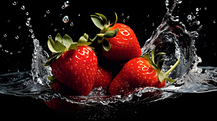 红色草莓飞溅水中摄影图版权图片下载