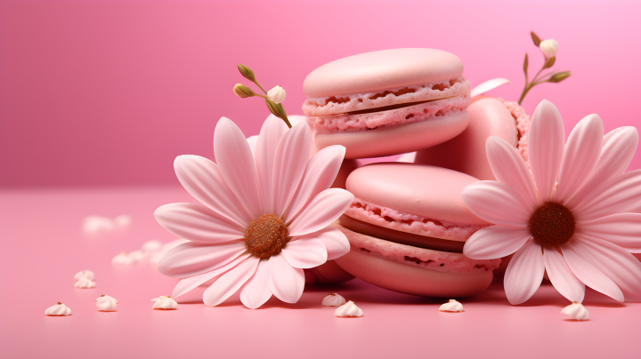 粉色玛卡龙和雏菊的粉红背景摄影图版权图片下载