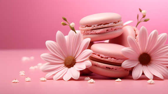 粉色玛卡龙和雏菊的粉红背景摄影图