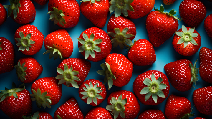 多种不同的草莓在蓝色表面上的摄影版权图片下载