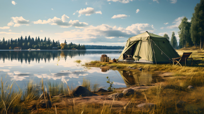 湖畔美景绿色帐篷摄影图