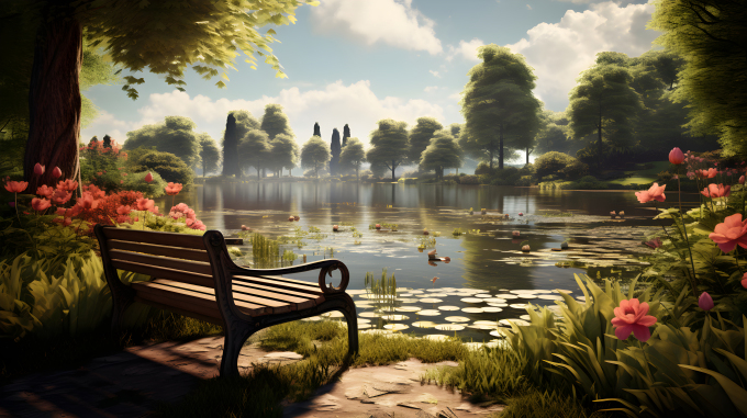 湖畔风景如画的长椅摄影图片