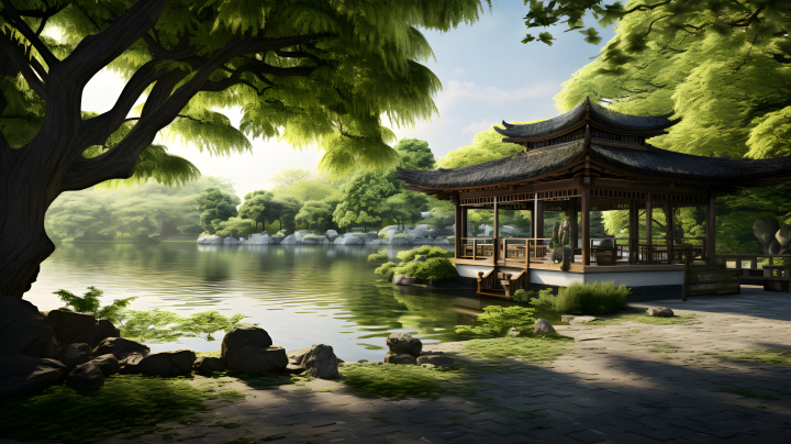 古木庭院，水池下的中国文化主题摄影版权图片下载