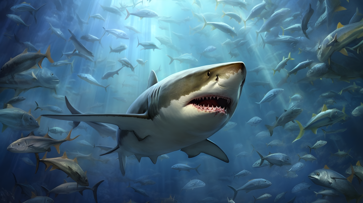神奇海洋巨鲨与众多鱼类共同游动摄影版权图片下载
