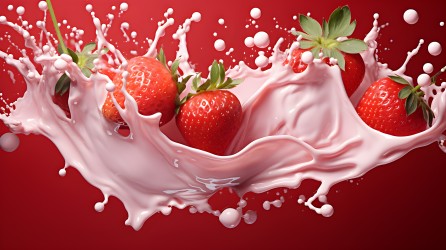 草莓落入牛奶粉色背景下的摄影图