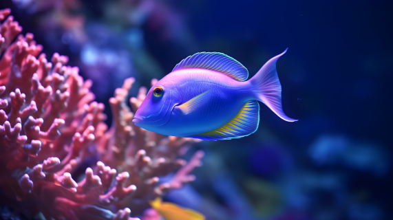 红色珊瑚和游动的蓝鱼摄影图