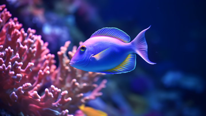 红色珊瑚和游动的蓝鱼摄影图版权图片下载
