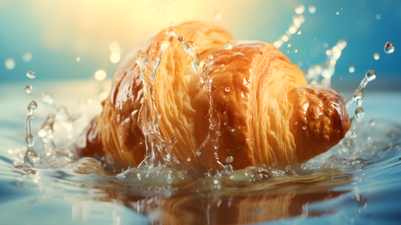 华丽可口的法式奶油牛角面包落入水中的摄影图片
