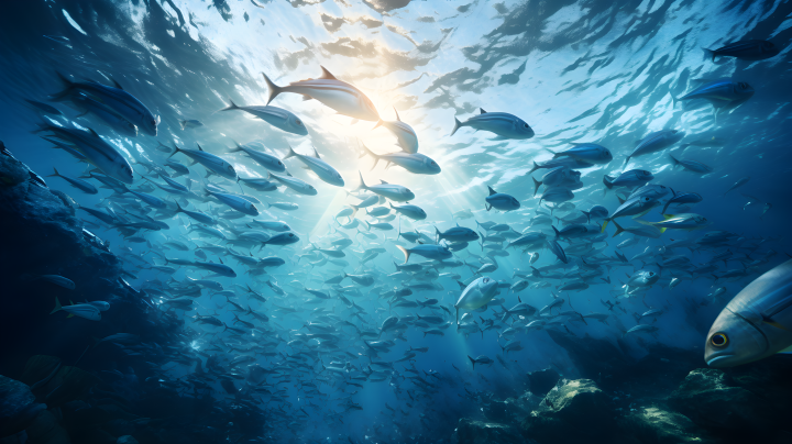 碧蓝与灰色交织的鱼群游过珊瑚礁摄影版权图片下载