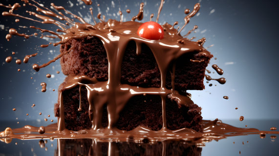 巧克力蛋糕上溅起的巧克力液体摄影图