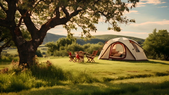 宁静草地上的帐篷与大树摄影图片
