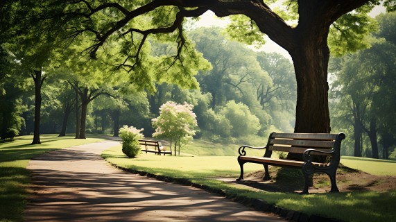 阳光明媚的公园大道上的长椅和树摄影图片