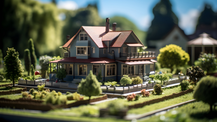 绿植茂盛的房屋模型摄影图版权图片下载