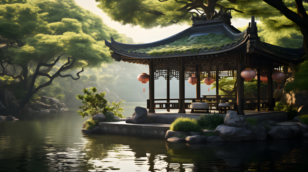 池畔意境木质亭子摄影图