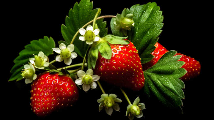红色草莓绿叶黑背景精致水果摄影图版权图片下载