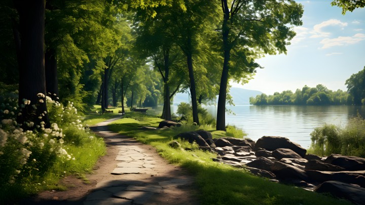 夏日河畔公园的路径摄影图版权图片下载