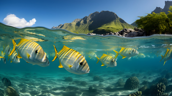 清澈水中的黄嘴鱼摄影图版权图片下载