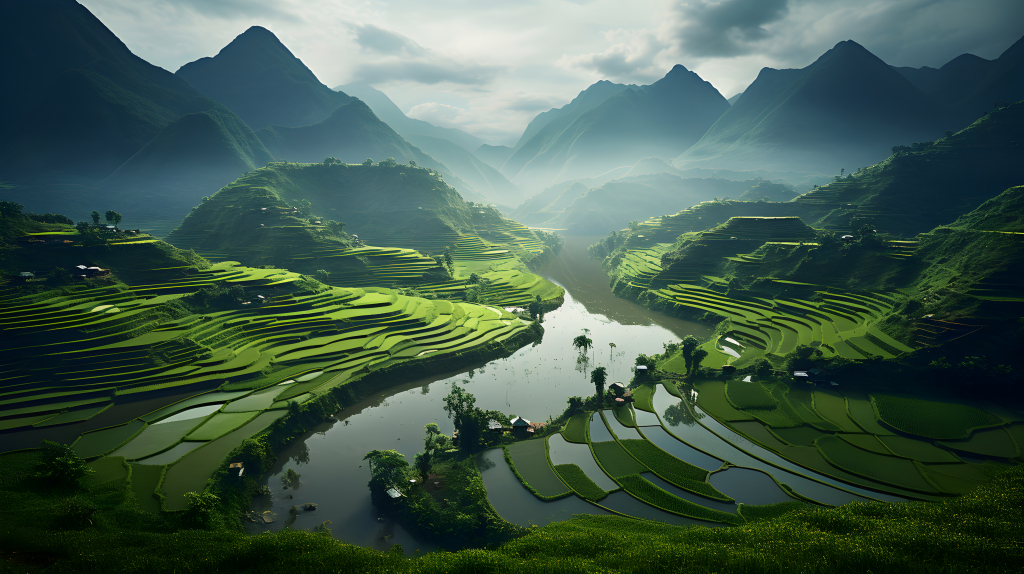 清晨薄雾下的梯田旅行摄影版权图片下载