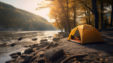 黄色帐篷河边野营风景摄影图