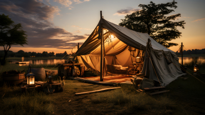 日出草原上的帐篷摄影图片