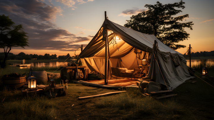 日出草原上的帐篷摄影版权图片下载
