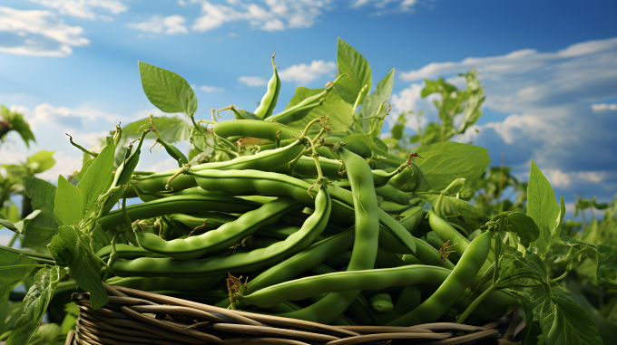 青豆与蓝天背景的摄影图