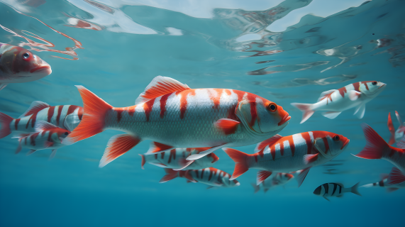 鲜艳红白相间的鱼群游动摄影图