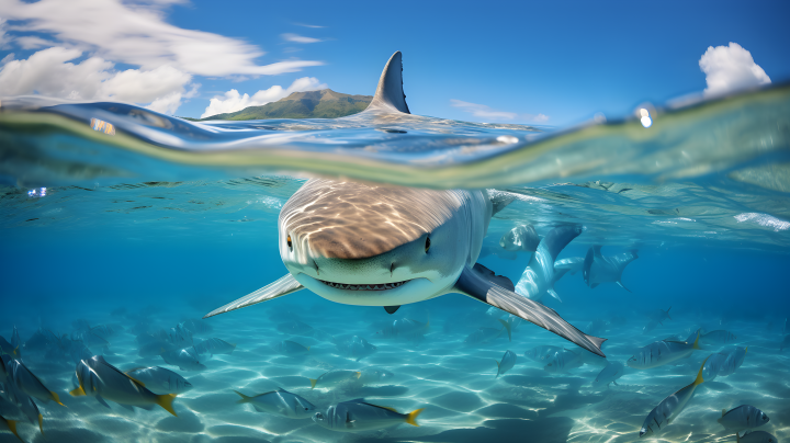 湛蓝翡翠水中的大鲨鱼摄影图版权图片下载