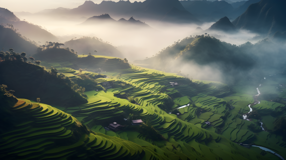 中国山脉与梯田风光摄影图