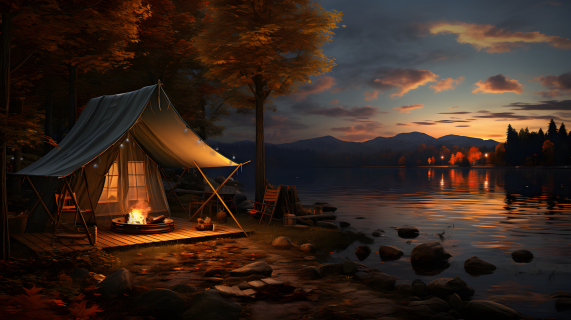 湖边黄昏时刻的露营风光摄影图片