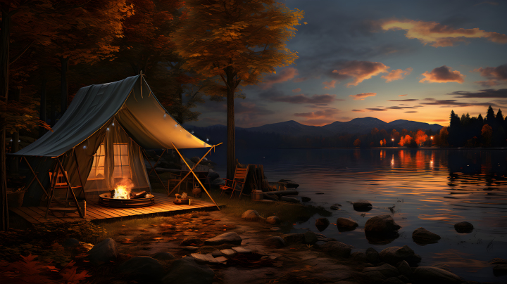 湖边黄昏时刻的露营风光摄影版权图片下载