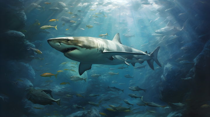 与众多鱼儿共游的巨鲨摄影版权图片下载