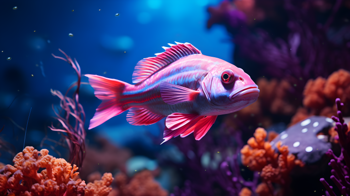 珊瑚礁旁的暗粉金色和红色斑驳鱼游动摄影版权图片下载