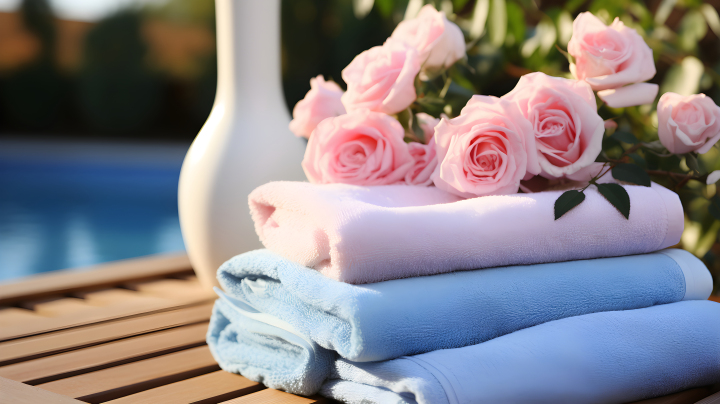 柔软细腻风格的天蓝粉红色棉质毛巾摄影版权图片下载