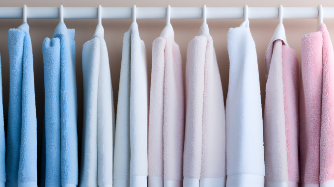 柔和浅蓝和浅粉的棉质毛巾摄影图片