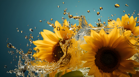 清新细腻的水中向下掉落的一朵向日葵花摄影图