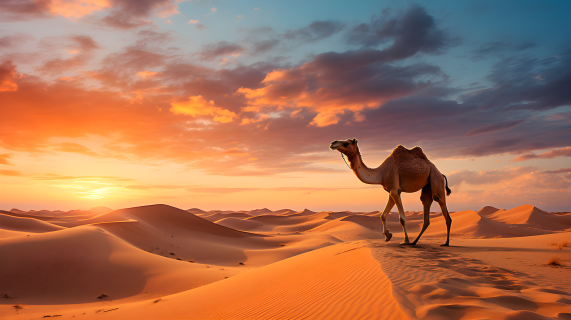 沙漠黄昏下的骆驼摄影图