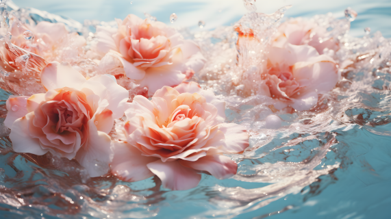 梦幻橙色玫瑰花在水中摄影图