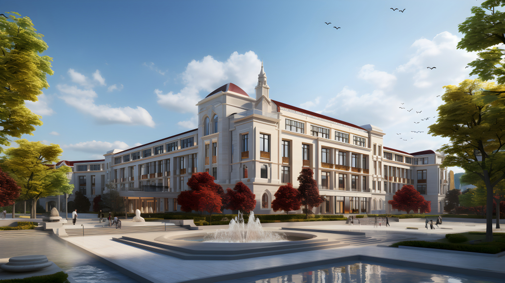 白色教学楼上空的飞鸟摄影图版权图片下载