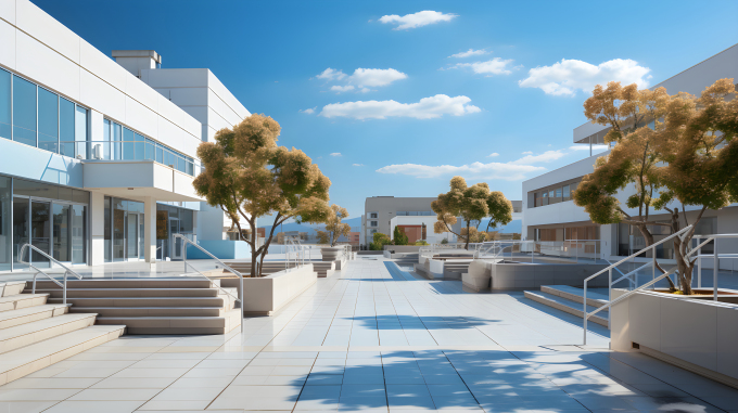 学校教学楼和树木阴影摄影图