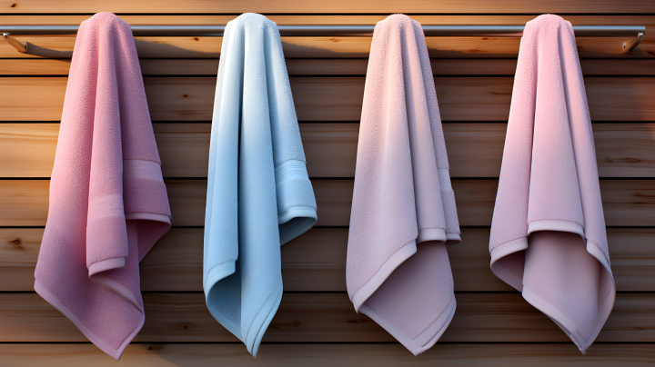 天蓝与淡粉色的四条毛巾悬挂在木质墙上摄影版权图片下载