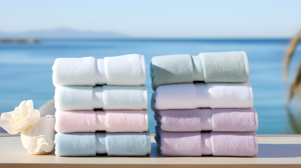 柔软细腻的轻天蓝与浅粉毛巾摄影图