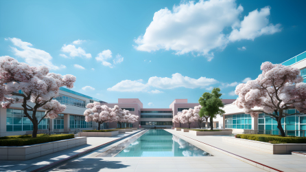 亚洲校园教学楼樱花树摄影图