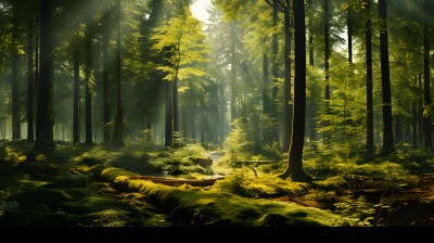 阳光照耀下的高大绿树森林摄影图片