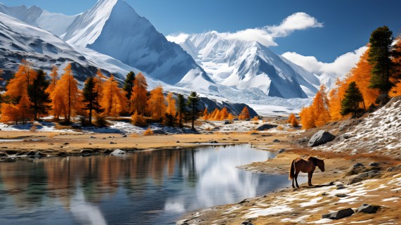 雪景高山草地上的马儿摄影图片