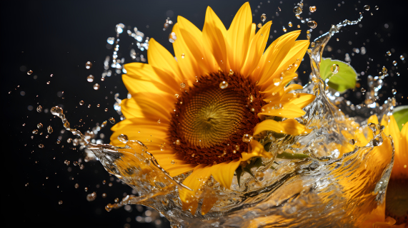 清新细腻的水中落下的向日葵花朵