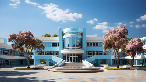 粉色树木蓝色校园教学楼摄影图